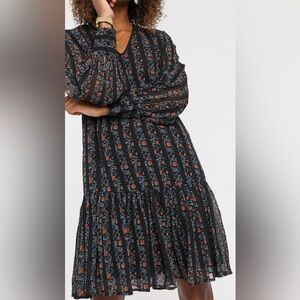 ASOS Y.A.S chiffon smock dress with drop hem mixed floral and stripes size S